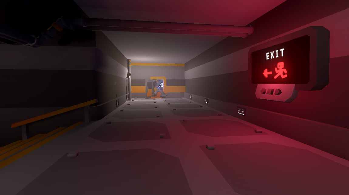 corridoio di sinistra con porta bloccata dai detriti e indicazione luminosa EXIT che punta in quella direzione